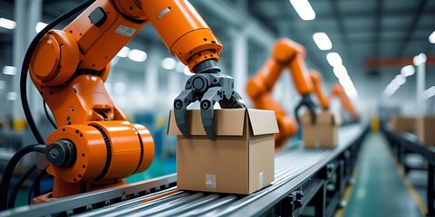 Modern orange robotic arm transporting a sealed parcel on a conveyor belt inside a smart factory, representing futuristic manufacturing, technology, and logistics processes

