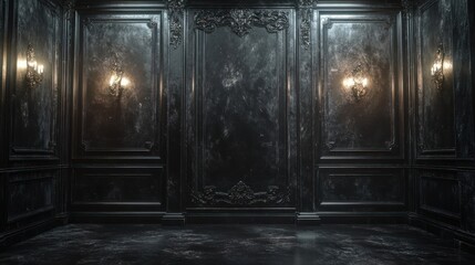 Dark ornate room with lit sconces and weathered paneling