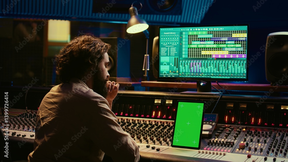 Poster Music producer recording, mixing and reproducing sound on audio software, using stereo console and switchers to increase volume level and enhance tunes. Greenscreen display on tablet. Camera B.