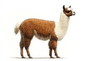 Fototapeta premium Brown and white alpaca, profile view, farm background, illustration, for textiles