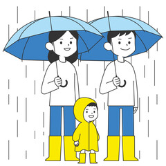 雨の中で傘をさしている幼児のいる家族3人