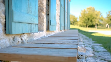 Obraz premium Wooden deck with turquoise shutters exterior view