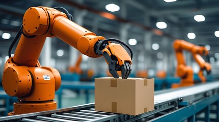 Fototapeta premium Modern orange robotic arm transporting a sealed parcel on a conveyor belt inside a smart factory, representing futuristic manufacturing, technology, and logistics processes
