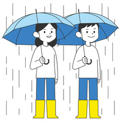 雨の中で傘をさしている夫婦