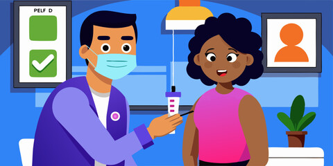 Fototapeta premium A smiling cartoon doctor and nurse vector illustration shows love and care for a child patient