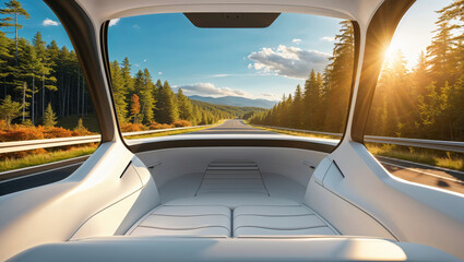 Fototapeta premium Experience the open road through the serene view from a futuristic vehicle's interior.