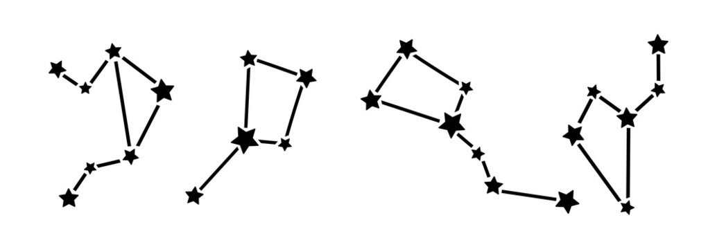 Bootes, Libra, Ursa Major constellations. Vector icon set. Hand drawn simple doodle, stars on the night sky. Symbol of astronomy, astrology, magic, horoscope. Black and white sketch for posters, print