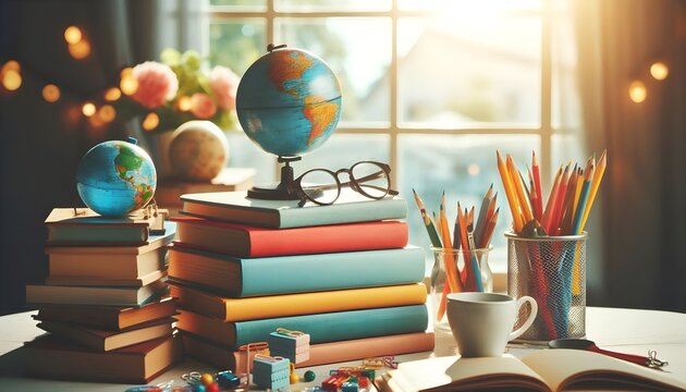 Books stacked with globe, cup of coffee, and stationery bathed in natural sunlight through window in tribute to World Book Day