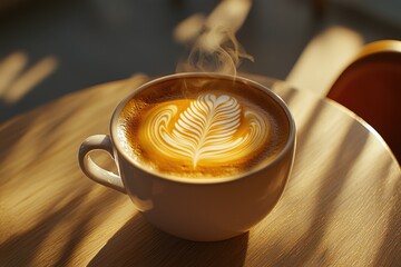A steaming cup of latte art graces a sunlit wooden table, offering a moment of warm, caffeinated...