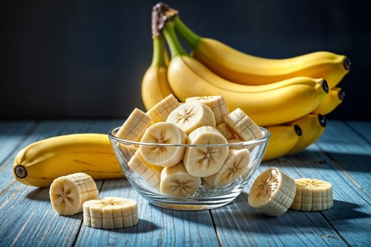 sliced bananas in a bowl on a dark wooden table background concept pl&aacute;tanos en rodajas en un recipiente sobre una mesa de madera oscura concepto de fondo muz
