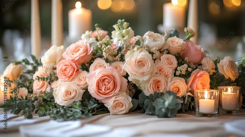 Aufkleber A stunning display of soft pink and white roses with greenery arranged artfully on a table illuminated by warm candlelight, creating a romantic atmosphere for a special event.