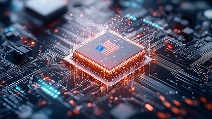 Fototapeta premium Technology innovation microchip manufacturing united states digital art futuristic close-up national pride