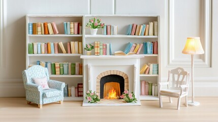 A charming miniature diorama showcasing a cozy library, with paper-crafted bookshelves filled with tiny books and a warm fireplace. A tiny reading chair beside a lamp captures the comforting ambiance