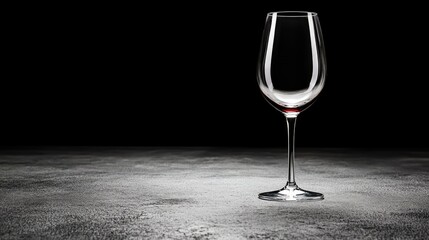 A single wine glass centered on a vast, empty dining table