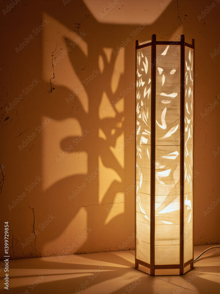 Poster everyday objects - for downstream advertisement and design: a wooden lamp with intricate cutouts cas