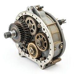 Isolated metal car engine mechanism reveals steel gears and power technology