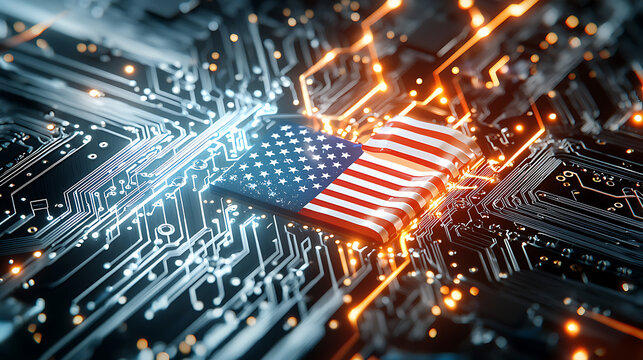 Technological revolution american flag integration with circuitry digital art futuristic environment macro view innovation impact