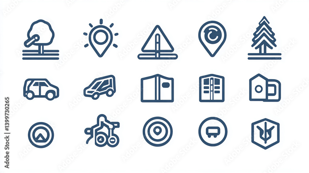 Poster travel icons vector set of location pin tree car and more travel related vector icons design element