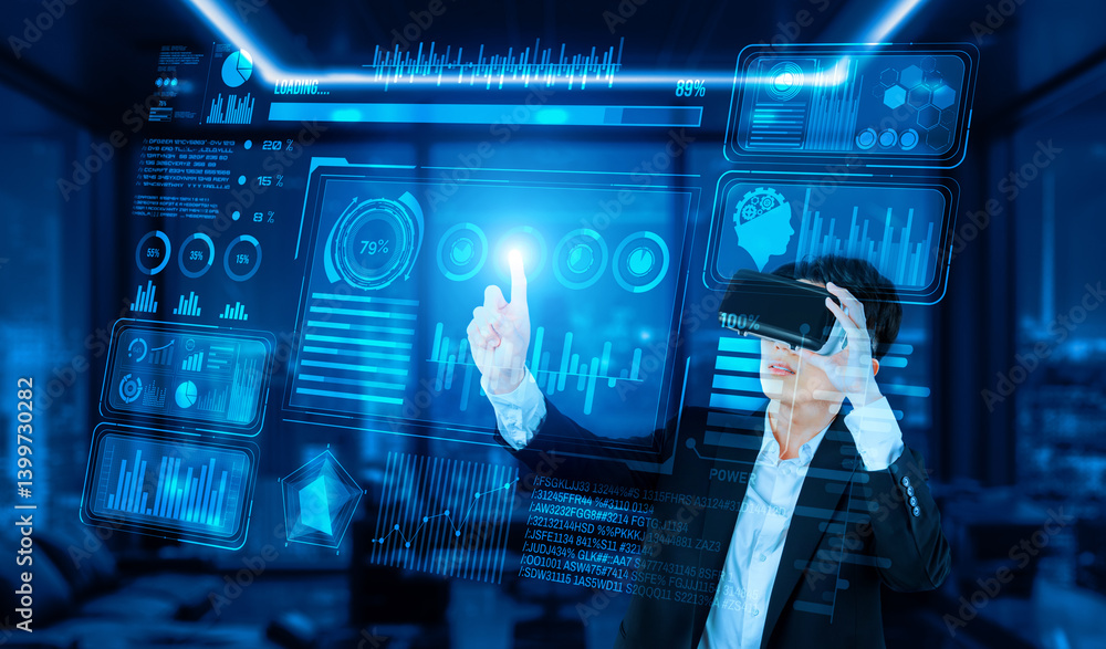 Poster project manager with vr goggles pointing financial chart and glowing blue light at office. skilled b