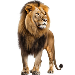 Majestic lion with a full mane, standing proudly and isolated on white background, perfect for wildlife-themed designs.