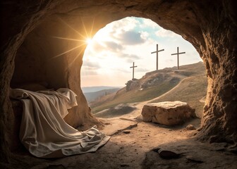 ethereal golgotha scene radiant holy cross dramatic suggests the moment of resurrection—triumph over death and the dawn of new hope. Text highlight "Holly Saturday"