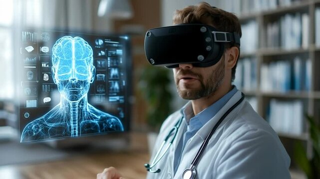 Medical worker explores virtual reality technology for anatomical education using holographic displays in a modern healthcare setting