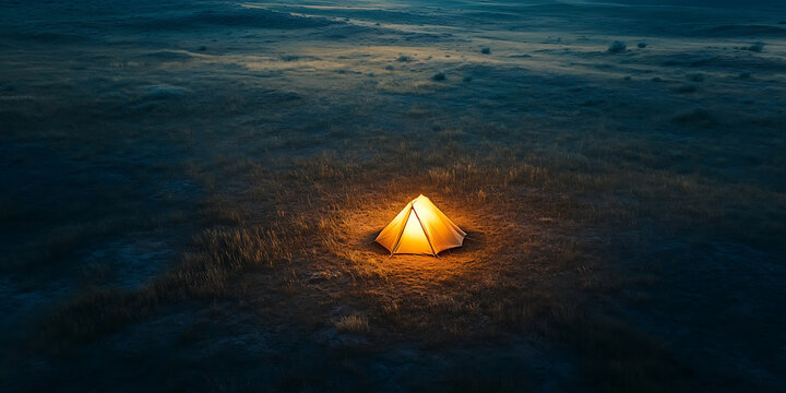 Aerial View of Glowing Tent in Wilderness Wallpaper Background for Camping Branding