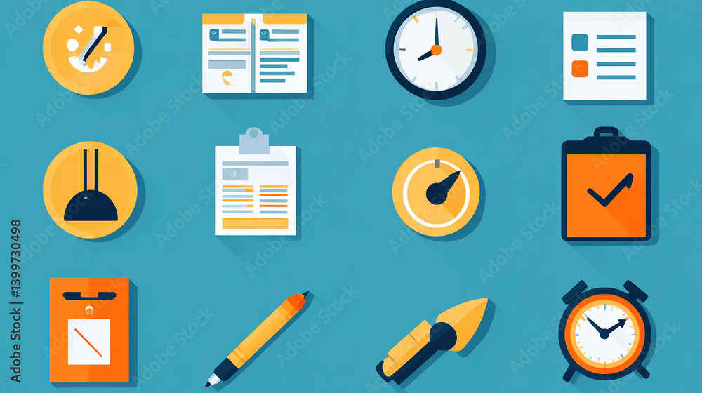 Poster flat design time management productivity planning organization efficiency workflow icons set vector 