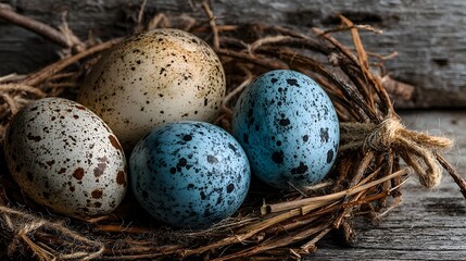 Obraz premium Four speckled bird eggs led together in a rustic twig on a weathered wooden surface.