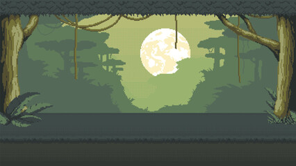 2d pixel night tropical forest landscape. 8-bit pixelated nighttime scene featuring lush tropic wood with vibrant greenery, hanging lianas and a serene moon in sky.