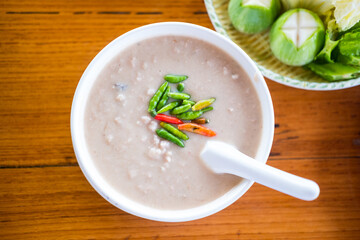 Herbed soya beans with minced pork in coconut milk decoration with chili served with fresh vegetables, Traditional Thai food