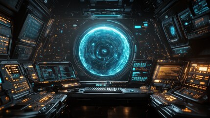 Fototapeta premium Futuristic Spaceship Bridge: A Cyberpunk Vision of Interstellar Travel