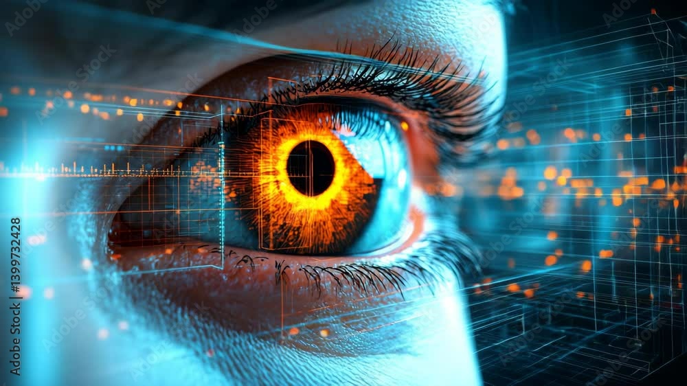 Poster close-up exploration of a mesmerizing eye with intricate patterns and glowing elements, showcasing b