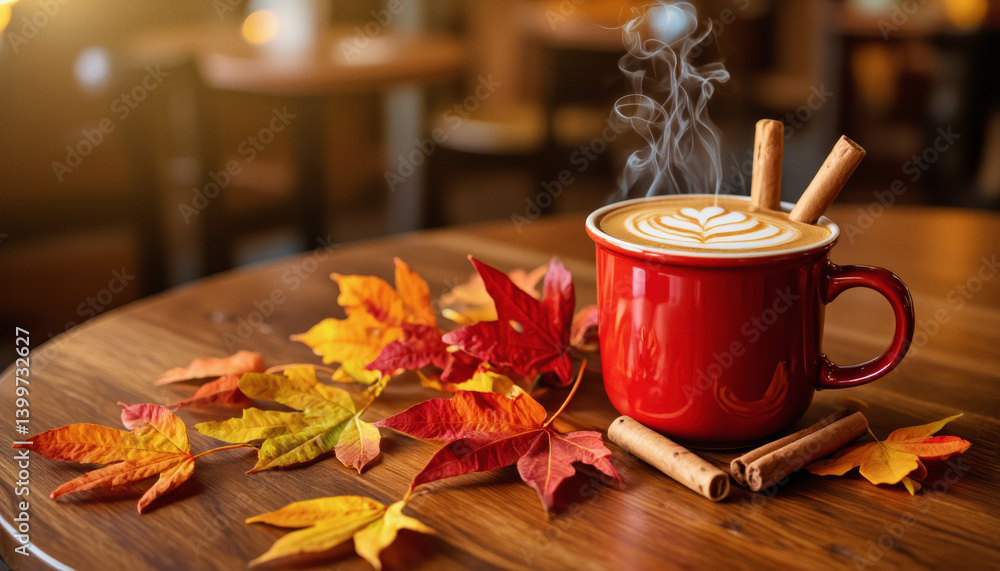 Poster everyday objects - for downstream advertisement and design: a steaming latte in a red mug sits on a 