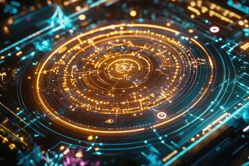 Futuristic astrology chart with neon zodiac constellations and cosmic elements