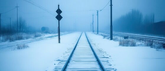 Fototapeta premium Snowy railroad tracks vanish in fog; winter landscape