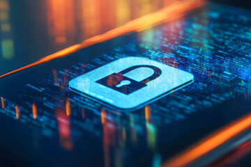 Cybersecurity concept showing digital lock icon on screen with colorful data flow background, representing data encryption and protection. Copy space