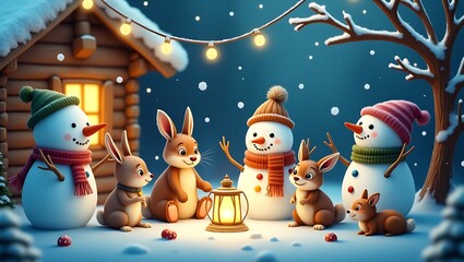 Cozy Snowman & Animal Friends in Snowy Forest – AI Illustration for Seasonal Greetings