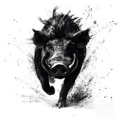 Charging boar, forest, monochrome, wildlife art, t-shirt print