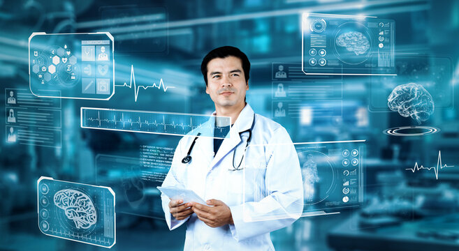 Doctor holding medical report while standing at laboratory and looking at medical data hologram. Smart doctor checking and inspecting human organ hologram while checking record. AI tech. Ingenuity. - Powered by Adobe