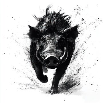 Charging boar, forest, monochrome, wildlife art, t-shirt print