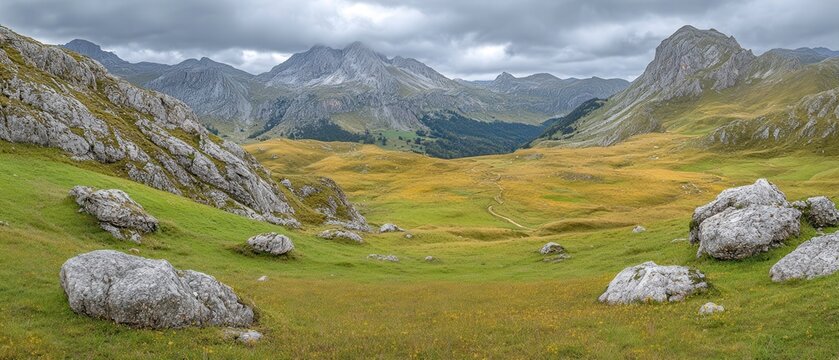 Mountain valley landscape; grassy field, rocks, cloudy sky