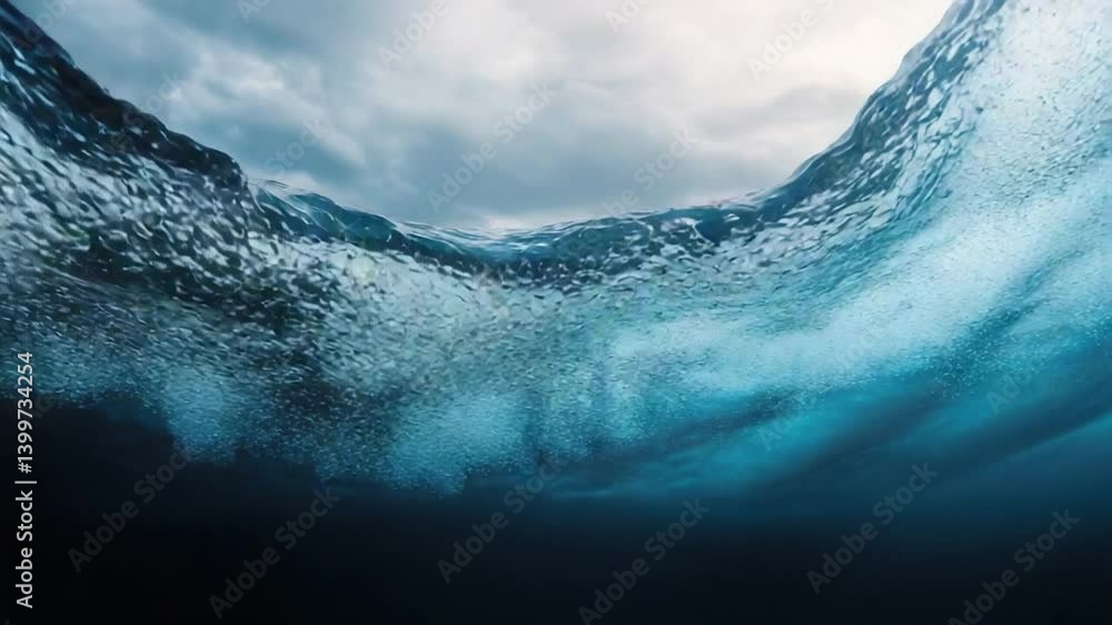 Poster beautiful aqua wave splashing under cloudy sky capturing serenity and motion in calm ocean environme