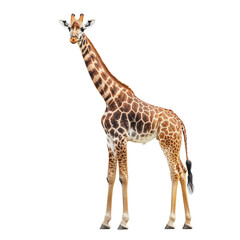 Naklejka premium Graceful giraffe standing tall, detailed pattern and long neck, isolated on white background, ideal for educational or design use.