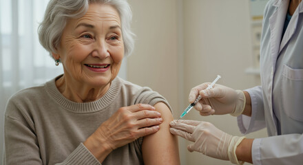 Smiling senior woman receiving vaccination from healthcare provider. Elderly immunization program and preventive healthcare services for seasonal disease protection