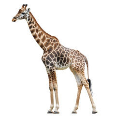 Fototapeta premium Graceful giraffe standing tall, detailed pattern and long neck, isolated on white background, ideal for educational or design use.