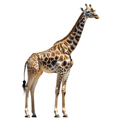Naklejka premium Graceful giraffe standing tall, detailed pattern and long neck, isolated on white background, ideal for educational or design use.