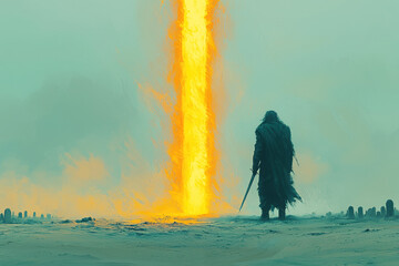 A solitary figure stands in a desolate landscape, facing a striking beam of light that cuts through the gloomy atmosphere.