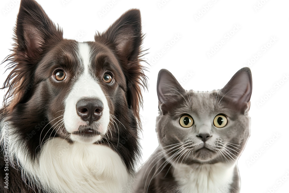 Poster close-up a dog and a cat showcasing their distinct expressions and features against a white backgrou