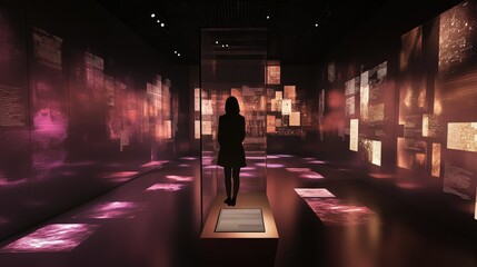 A person stands in a dimly lit digital exhibition hall